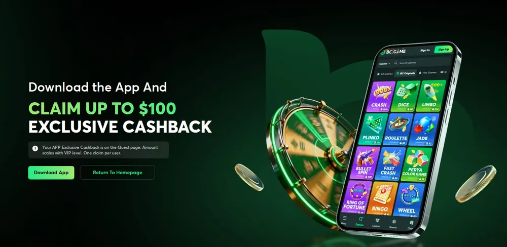 BC Game app download page with iOS and Android installation and up to $100 app cashback