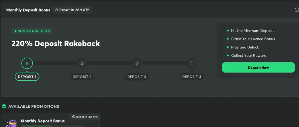 BC Game deposit offer page with New User Booster 220% Deposit Rakeback and four deposit stages