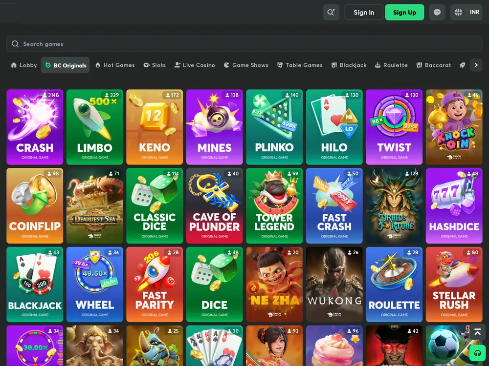 BC Originals lobby on BC Game with Crash, Limbo, Keno, Mines, Plinko and Hilo tiles