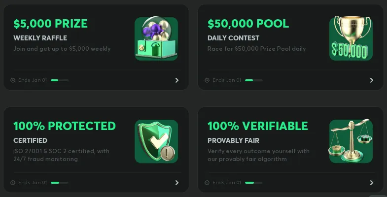 BC Game promotions page with Weekly Raffle, Daily Contest, certification and provably fair cards